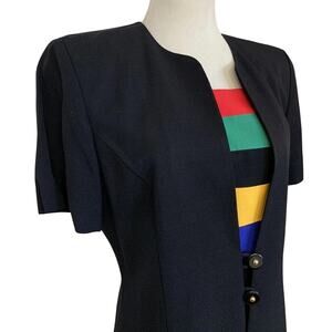 Vintage 80s Julian Taylor Sz 12 Black Color Block Shoulder Pads Structured Dress